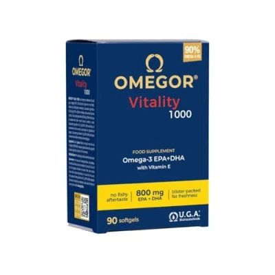 Image de OMEGOR Vitality 1000 Complément de mg d&#039;oméga 3 vitamine E Pour le coeur et cerveau Concentration en oméga 90% Certificat IFOS 5 étoiles Huile poisson pure 90 gélules