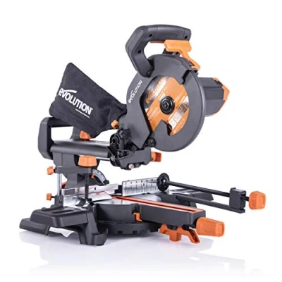 Image de Evolution Power Tools Scie à Onglet Coulissante avec Caractéristiques PLUS 0 45˚ Biseau, 50 50˚ Coupe Multi Matériaux Le Bois, Plastique, Métal Lame Incluse 210mm R210SMS+