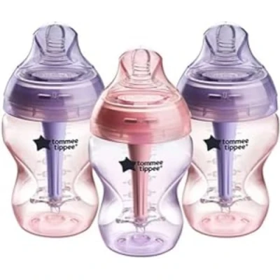 Image de Tommee Tippee Lot de 3 biberons anti coliques avancés, 260 ml, tétine à débit lent pour un loquet naturel, triple aération colique, violet/rose