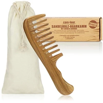 Image de com four® Peigne à Cheveux en Bois de Santal Premium, Grosses Dents Santal, Durable Massif, coiffer (Peigne 1 Partie)