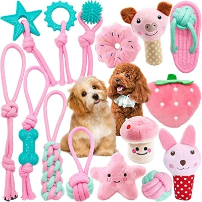 Image de VIPNAJI Ensemble Lot de 15 Jouets pour Chien, durables Mâcher Corde Jouet,Indestructible Jouet à Dentition Petit et Moyen Chien,Coton Naturel Non Toxique (Rose)