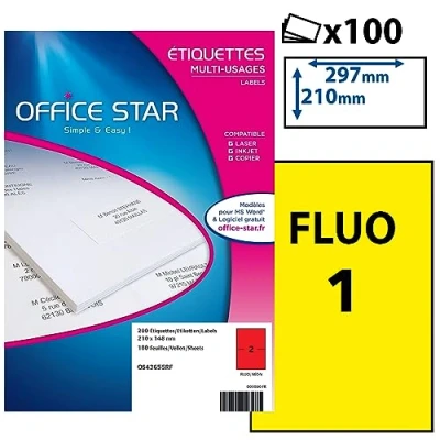 Image de OFFICE STAR 100 Étiquettes Autocollantes Multi Usages Jaunes Fluo Personnalisables Imprimables Format 210 x 297 mm Impression Laset Jet d&#039;Encre et Copieur