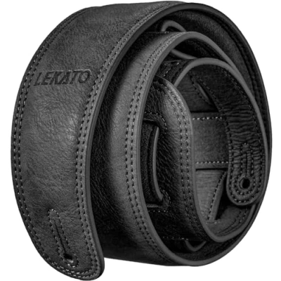 Image de LEKATO sangle de guitare en cuir avec rembourrage mousse épaisse, basse large pour basse, guitares lourdes, bandoulière réglable classique (Noir)