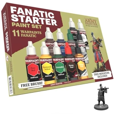 Image de The Army Painter Warpaints Fanatic: Starter Set, 11 x 18 ml Peintures Acryliques incl. Métalliques, Lavis, Apprêt, 1 Figurine &amp; Pinceau Peinture pour D&amp;D Warhammer.