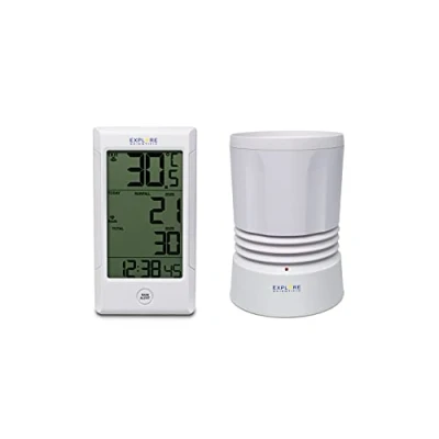 Image de Explore Scientific RGT1001 Pluviomètre pour la Mesure des précipitations, Enregistrement 9 Jours, température et humidité Interne, extérieure, Affichage Heure, Date Jour, Blanc