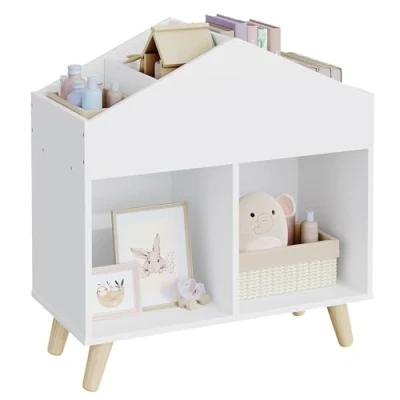 Image de Lestarain Bibliothèque pour Enfants, Meuble Montessori, Petite Étagère à Livres/Jouets en MDF avec 6 Compartiments Ouverts et 4 Pieds Bois Massif, Blanc, 60x30x64,5cm