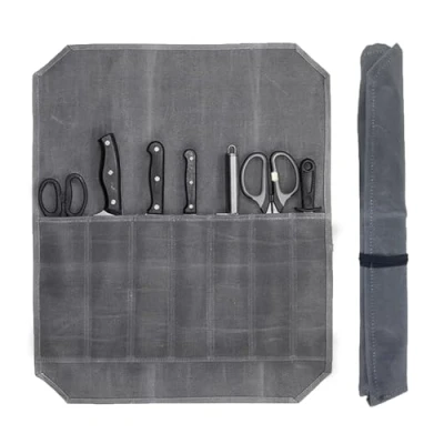 Image de sac à roulettes pour cuisiniers avec 7 compartiments, couteaux de chef portable, rangement chef, en toile cirée, outils multifonction (gris, gris,