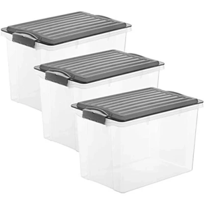 Image de Rotho Compact Ensemble de 3 Boîtes Rangement 19 l avec Couvercle, Plastique (PP) sans BPA, Anthracite/Transparent, X (40,0 28,0 27,0 cm)
