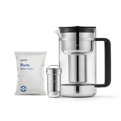 Image de Aarke Purifier Large, Carafe d&#039;eau Filtrante en Verre et Acier Inoxydable, 2.8L + Sac de granulés filtrants recharge Pure