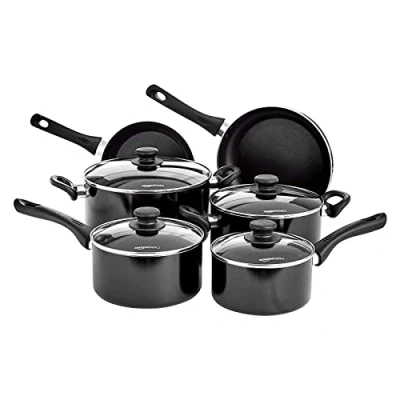 Image de Amazon Basics Ensemble de batterie cuisine 6 pièces anti adhésifs avec couvercles, pour plaques à induction, Noir