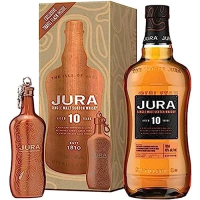 Image de JURA 10 Ans Coffret Whisky + Flasque Single Malt Notes de Chocolat Noir &amp; Café Moulu Origine : Écosse/Jura 40% Alcool 70 cl