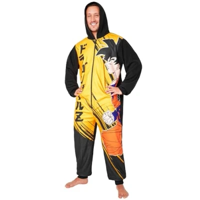 Image de Dragon Ball Z Combinaison Pyjama Homme en Polaire avec Capuche Cadeaux Drôles pour Lui (Noir/Jaune, 2XL)