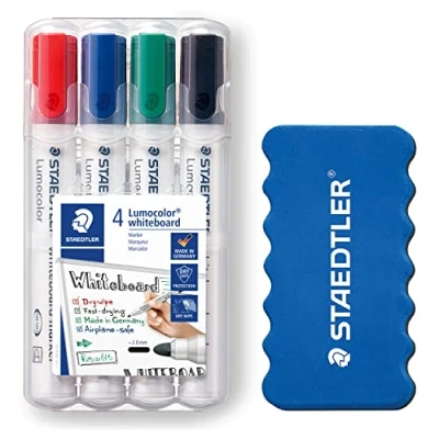 Image de STAEDTLER Lumocolor 351 WP4P1X Lot de 4 marqueurs effaçables à sec et sans laisser traces avec éponge 2 mm