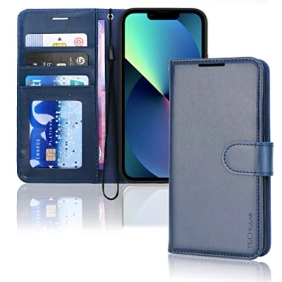 Image de TECHGEAR Etui iPhone 14 Plus Portefeuille Housse en Cuir avec Rabat de Protection, Fentes pour Cartes, Béquille et Dragonne, PU Bleu Compatible 6.7&quot;