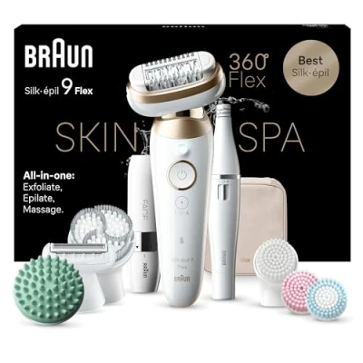 Image de Braun Silk épil 9 Flex SkinSpa, Épilateur Avec Tête Flexible À 360, Étanche, Kit Tout En Un, FaceSpa et Mini Rasoir Visage 681 3D, Blanc/Doré