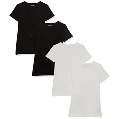 Image de Amazon Essentials T Shirt Col Rond à Manches Courtes Coupe Classique Femme, Lot de 4, Blanc/Noir, XXL