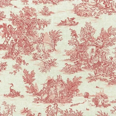 Image de Textiles français Tissu de Coton imprimé Toile Jouy La Vie Rustique Vieux Rouge (Fond: Aspect Lin) Largeur: 155 cm (par Mètre Linéaire)*