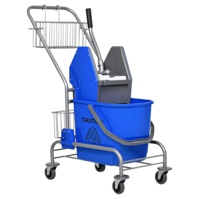 Image de HOMCOM Chariot de Lavage Nettoyage Professionnel en Acier Presse à mâchoire Seau + rangements Bleu