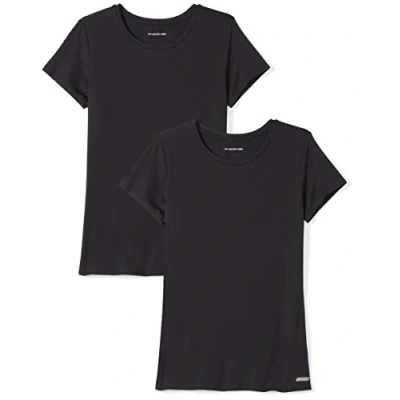 Image de Amazon Essentials T shirt à manches courtes et col rond Tech Stretch (disponible en grande taille) Femme, Lot de 2, Noir, XL