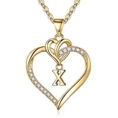 Image de TINGN Collier de Lettres en Or pour Femme, Plaquée 14 Carats Initiale avec Pendentif Forme Cœur CZ Femme Lettre X Mères Cadeaux Filles Bijoux