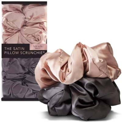 Image de Kitsch chouchous en satin 2pc, accessoires pour cheveux, empêche les frisottis et la casse, idéal une utilisation de nuit, chignon tresses, tous types blush/gris anthracite