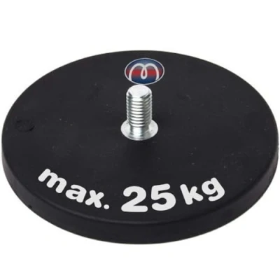 Image de 2 x Aimant Néodyme caoutchouté avec goupille filetée Ø 66 mm Filetage M8 Force d&#039;adhérence 25 kg pièces Base magnétique revêtement caoutchouc et tige