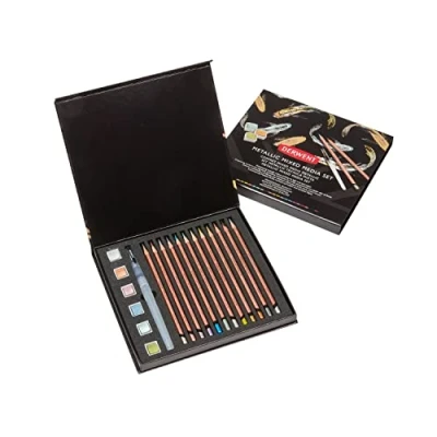 Image de Derwent Set de Peintures Aquarelles &amp; Crayons Couleur Metallic, Mines Tendres 3,5 mm Forme Hexagonale, Coffret Cadeau, 2305948