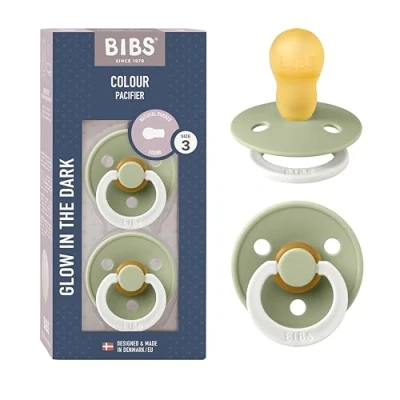 Image de Tétine BIBS Colour Glow. Lot de 2 sucettes. Brillent dans le noir. Sans bisphénol A, Téterelle ronde. Latex caoutchouc naturel, Fabriqué au Danemark, Taille 3 (plus 18 mois), Sage Glow