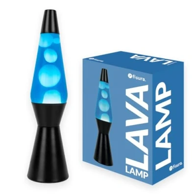 Image de Fisura Lampe à lave bleue et noire. Base noire, blanche liquide bleu. rétro avec ampoule de rechange. 11,5 cm x 40 cm.