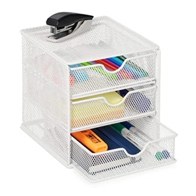 Image de Relaxdays Rangement à Compartiments, Organiseur Bureau 3 tiroirs, HxLxP: 17 x 16 cm, Range dossiers, Blanc