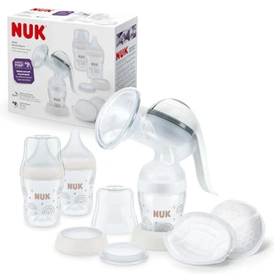 Image de Kit tire lait manuel NUK Coussinet en silicone souple Levier ergonomique 2 biberons Perfect Match 150 ml pads jetables haute performance
