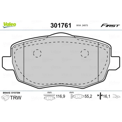 Image de VALEO 301761 Jeu de plaquettes frein FIRST Essieu avant contact signal d&#039;usure exclu avec tôle anti bruit LANCIA: Ypsilon II