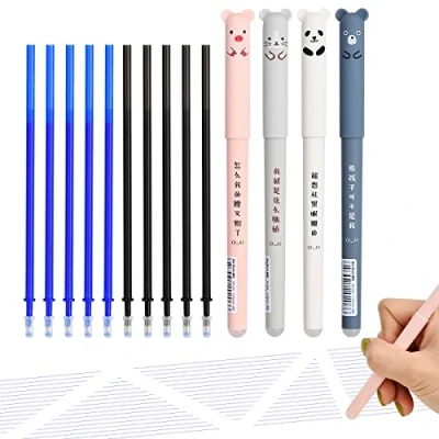 Image de 4Pcs Stylos à Encre Gel Effaçable, Stylo Animaux Kawaii avec 10 Recharges, 0,35mm Effacable, Fournitures Scolaires, Noir et Bleu