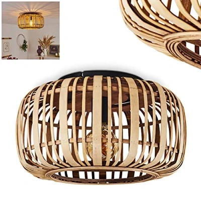 Image de hofstein Plafonnier Mongolei en bambou, élégant luminaire boho vintage dont l&#039;abat jour rond créé un jeu de lumière au plafond, pour 1 ampoule E27, ampoule(s) non incluse(s)