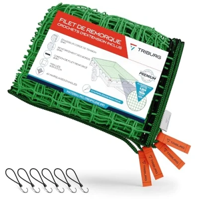 Image de TRIBURG® Filet de remorque 1,5x2,2m (renforcé) avec repères d&#039;angle et 6 Crochets d&#039;expander tendeurs en Caoutchouc pour Une sécurité optimale la Charge