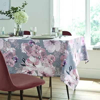 Image de Catherine Lansfield Nappe en Coton Facile à Nettoyer Motif Floral Gris 137 x 229 cm