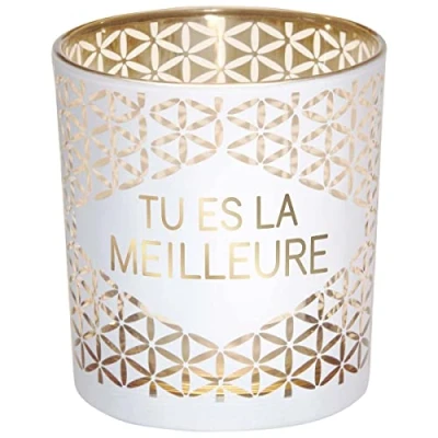 Image de Draeger Porte Bougie Photophore Verre à Offrir en Cadeau Vos Proches Support Blanc Et Doré H8 x L7,5 cm Message tu ES la Meilleure