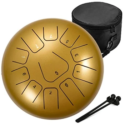 Image de Amkoskr 10 Pouces 25cm Tambour de Langue en Acier à Clé C 11 Tons Main Instrument Percussion avec Maillets Tambour/Sac Transport (Or)
