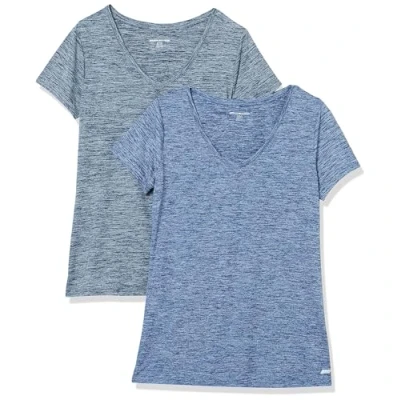 Image de Amazon Essentials T shirt Tech à manches courtes et col en V, extensible (disponible grande taille) Femme, Lot de 2, Bleu Marine Chiné/Noir Chiné, S