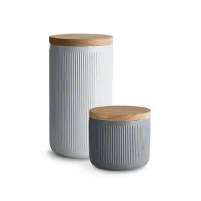 Image de SPRINGLANE conteneurs de stockage en céramique avec rayures couvercle bois, couvercles bois d&#039;hévéa, (1x Gris Clair 1x Foncé, 400 ml à 1 litre)