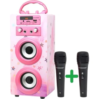 Image de Machine à Karaoké Portable DYNASONIC avec 2 Micros, Enceinte Haut Parleur Bluetooth, Designs Exclusifs, Lecteur USB/SD, Lumières, Cadeau pour Enfants (Modele 15)
