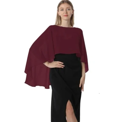 Image de Hotshawl Cape en mousseline de soie pour femme, châles et écharpes robe soirée, mariage., bordeaux, taille unique