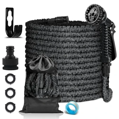 Image de FASCINATDECO Tuyau d&#039;Arrosage Extensible 15m, Arrosage avec 1/2&quot; et 3/4&quot; Adaptateurs, 7 Modes de Pulvérisation, Latex Triple Épaisseur Durable Support mural Sac