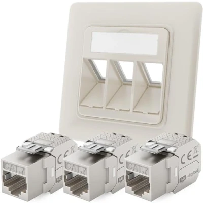 Image de hb digital Prise réseau 3 ports CAT 7 encastrée RAL9010 + 3X Keystone RJ45 Module LAN Ethernet femelle encastrable pour 5e 6 6a max. 10 Gbit/s STP Blanc pur