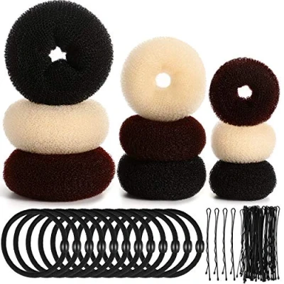 Image de 9 Pièces Donut Bun Maker Fabricant de Chignon Cheveux Ensemble Style Anneau avec 12 Bandes Élastiques et 32 Épingles à (Noir, Marron, Beige)