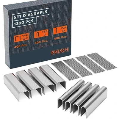 Image de Presch Set d&#039;agrafes pour agrafeuses 1200 pcs Agrafes manuelles y compris type 53F, en U et clous fil plat