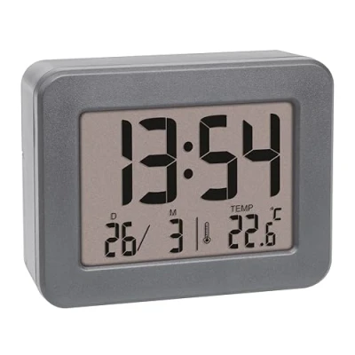 Image de TFA Dostmann 60.2044.10 Réveil de Voyage numérique à Piles, avec Alarme bruyante, thermomètre intérieur, Affichage la Date, Horloge Quartz, Petit et Compact, Gris