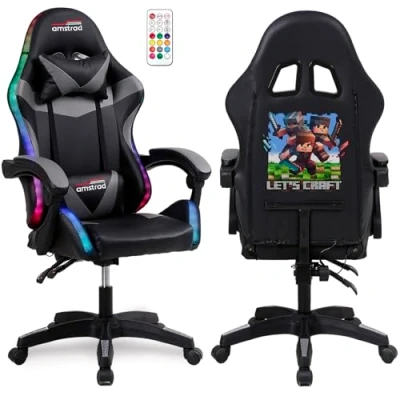 Image de Amstrad AMS 900 LED Crafter Fauteuil Gaming Noir et Gris Serigraphie Eclairage 366 Effets Télécommande