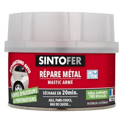 Image de SINTOFER Répare Métal Armé Reconstitue et Colmate Trous Perforations Tous Métaux, Même Très Rouillés Intérieur Extérieur Sans Styrène Sec en 20min Technique Professionnelle 550g