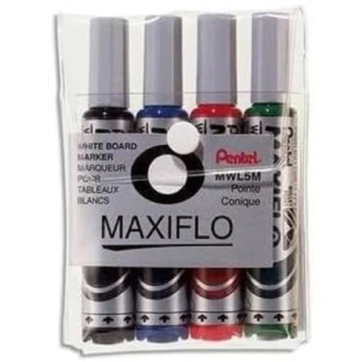 Image de Pentel Maxiflo Pochette 4 Marqueurs tableau blanc Pointe ogive large Encre Noir, Bleu, Vert, Rouge